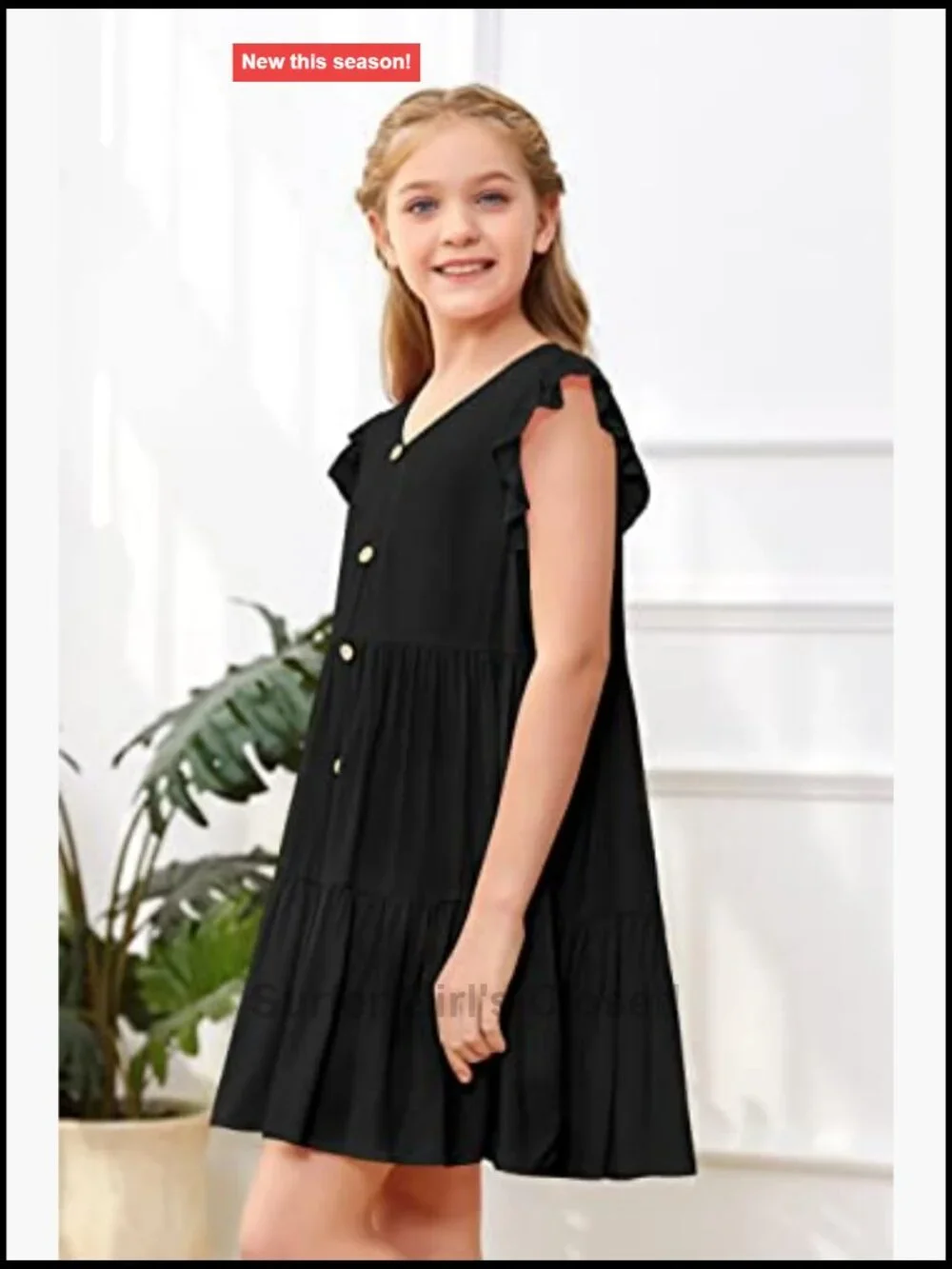 Kids V-Neck Button Down Tiered Swing A-Line Ruffle Sleeve Dress